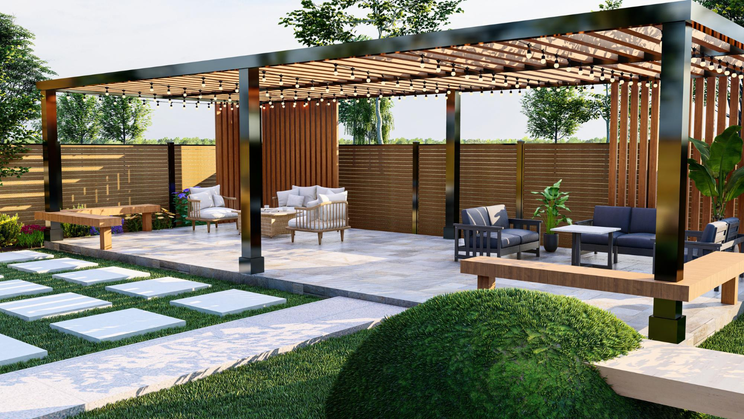 Une grande pergola en alu et imitation bois se dresse dans un jardin et abrite l'espace extérieur.